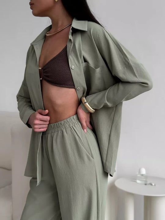 Damen Zweiteiliges Lounge-Set Oversize-Bluse mit Brusttasche und weiter Palazzo-Hose Nord Taschen