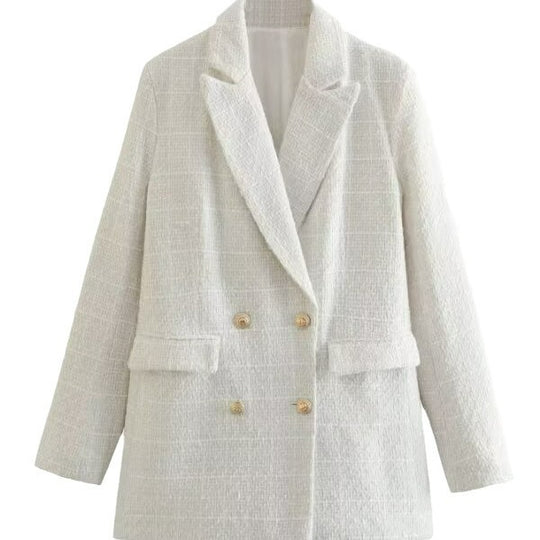 Damen Doppelreihiger Bouclé‑Tweed‑Blazer mit Schalkragen und Pattentaschen Nord Taschen