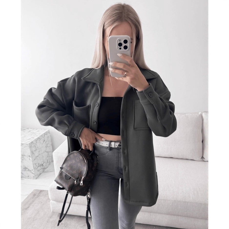 Damen Oversized Hemdjacke Shacket aus weichem Wollmix mit aufgesetzten Brusttaschen Nord Taschen