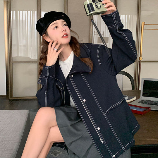 Damen Kurzjacke mit hohem Stehkragen, kontrastierenden Ziernähten und kastiger Oversize‑Silhouette Nord Taschen