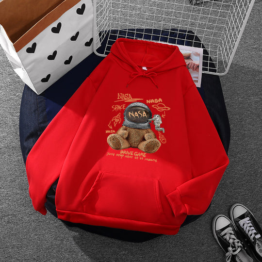 Damen nan lässiger Hoodie mit Astronauten‑Teddy‑Print, Kängurutasche und weichem Fleece-Innenfutter Nord Taschen