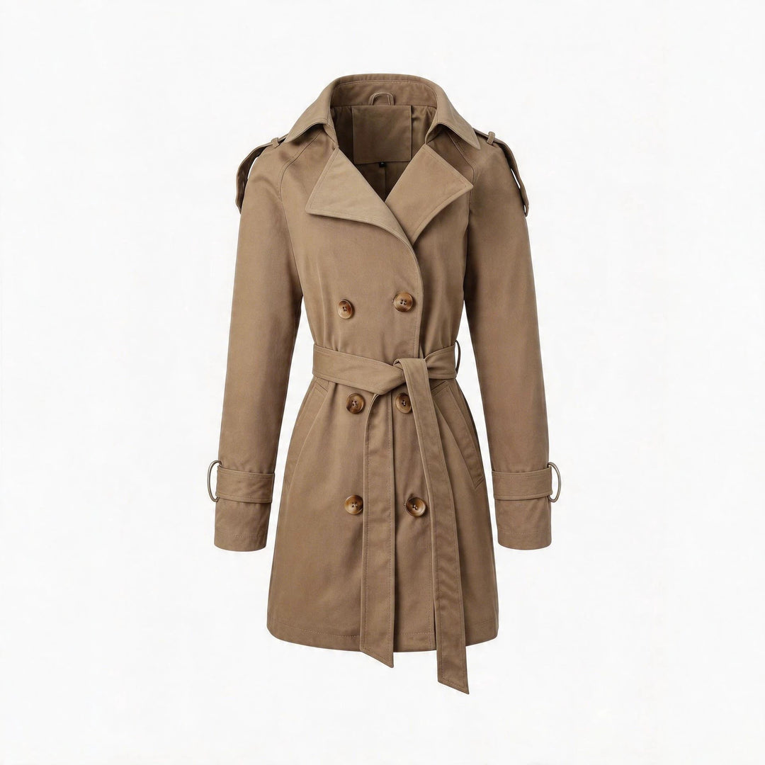 Damen Taillierter Trenchcoat mit Bindegürtel, Schulterriegeln und Metallring-Details Nord Taschen