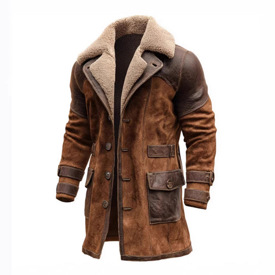 Herren Langer Shearling-Mantel aus Wildleder mit Lederbesatz Nord Taschen