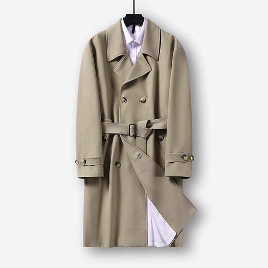 Herren Moderner knielanger Doppelreihiger Trenchcoat mit Taillengürtel Nord Taschen