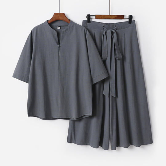 Damen Lässiges Leinen-Viskose Lounge-Set mit Stehkragen-Oberteil und weiten Palazzo-Hose Nord Taschen