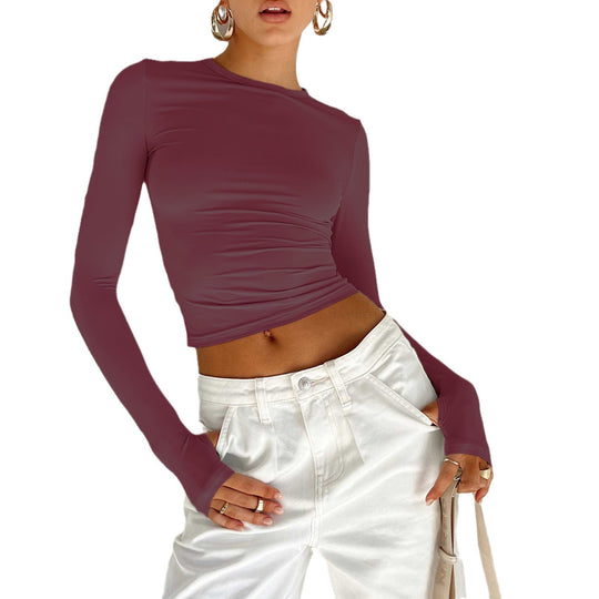 Damen Figurbetontes Crop-Longsleeve mit Daumenlöchern Nord Taschen