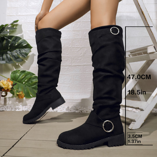 Damen kniehohe Slouch-Stiefel aus Wildlederoptik mit dekorativer Schnalle und rutschfester Profilsohle Nord Taschen