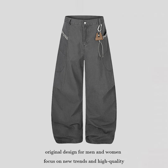 Damen Extraweite Palazzohose mit hoher Taille, Cargo‑Taschen und dekorativem Schlüsselanhänger Nord Taschen