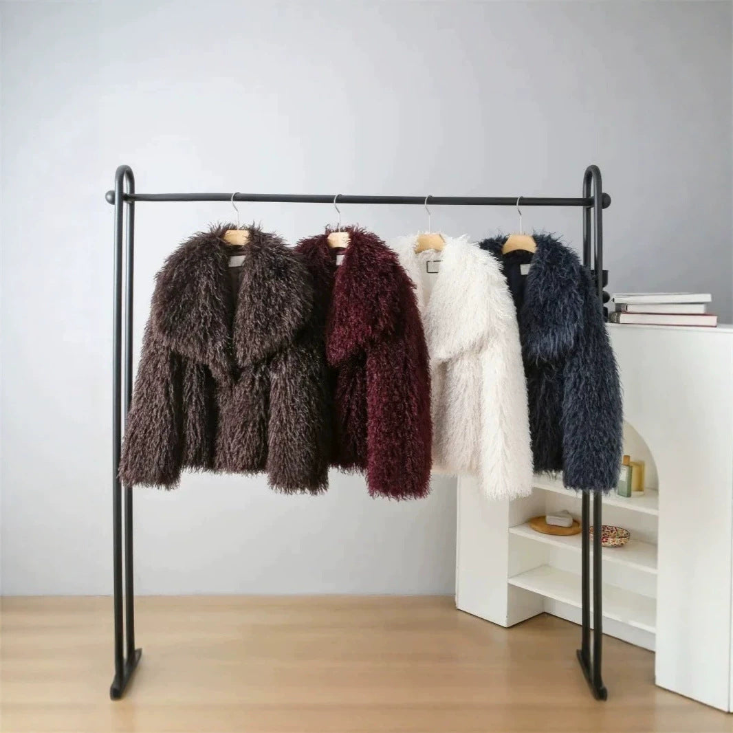 Damen Kurzjacke aus langflorigem Kunstpelz mit extra breitem Schalkragen Nord Taschen