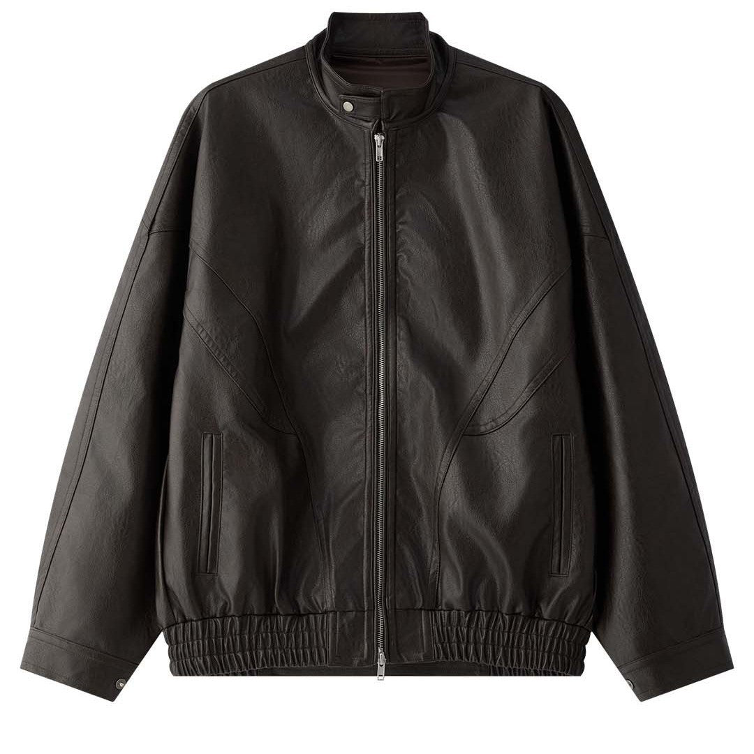 Damen Oversized Lederbomberjacke mit Stehkragen, verdecktem Reißverschluss und gerafftem Bund Nord Taschen