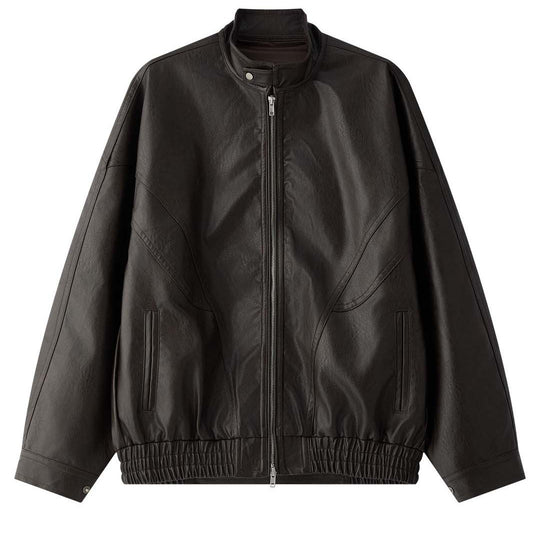 Damen Oversized Lederbomberjacke mit Stehkragen, verdecktem Reißverschluss und gerafftem Bund Nord Taschen