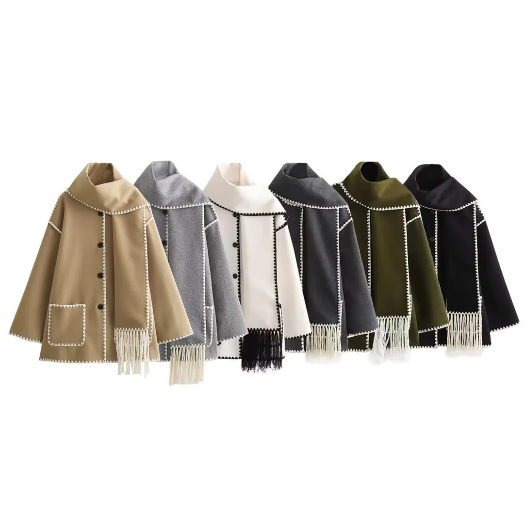 Damen Cape-Mantel mit angesetztem Fransen-Schal und Zier-Zickzacknaht Nord Taschen