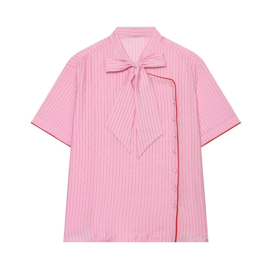 Damen Kurzarm-Bluse mit Schleifenkragen und seitlicher Knopfleiste Nord Taschen