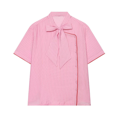Damen Kurzarm-Bluse mit Schleifenkragen und seitlicher Knopfleiste Nord Taschen