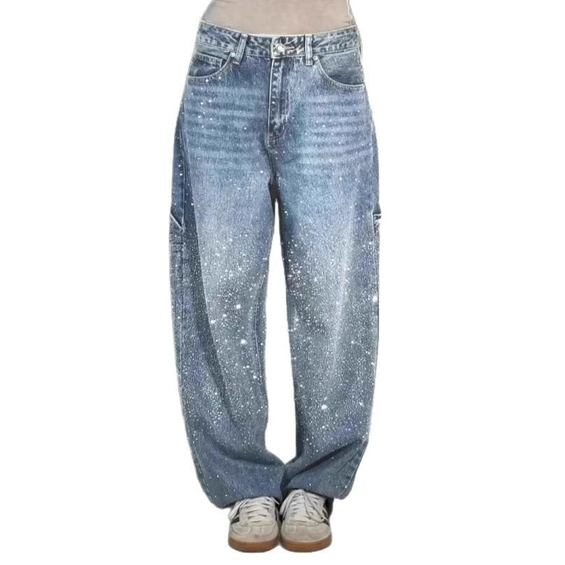 Damen High-Waist Jeans im weiten Cargo-Schnitt mit funkelndem Strassbesatz Nord Taschen