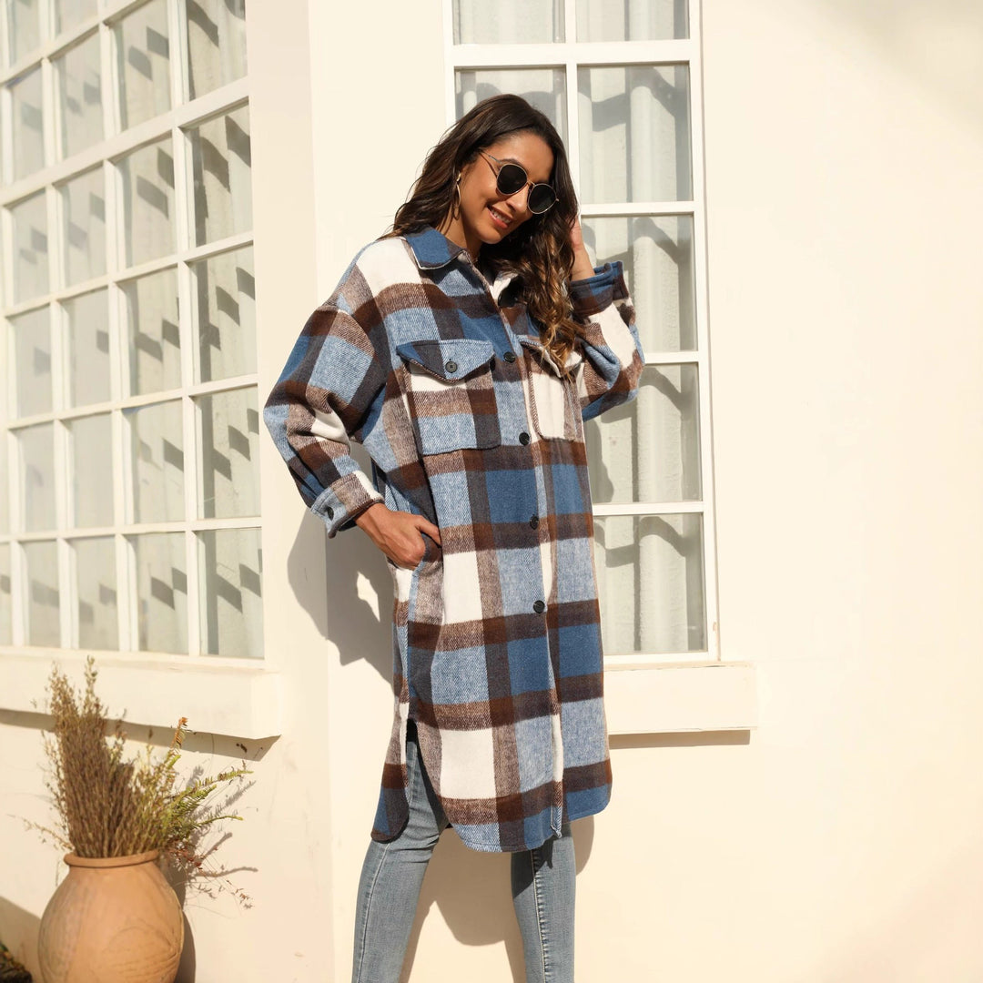 Damen Longline-Karo-Hemdjacke mit aufgesetzten Taschen Nord Taschen