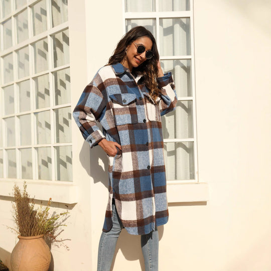 Damen Longline-Karo-Hemdjacke mit aufgesetzten Taschen Nord Taschen