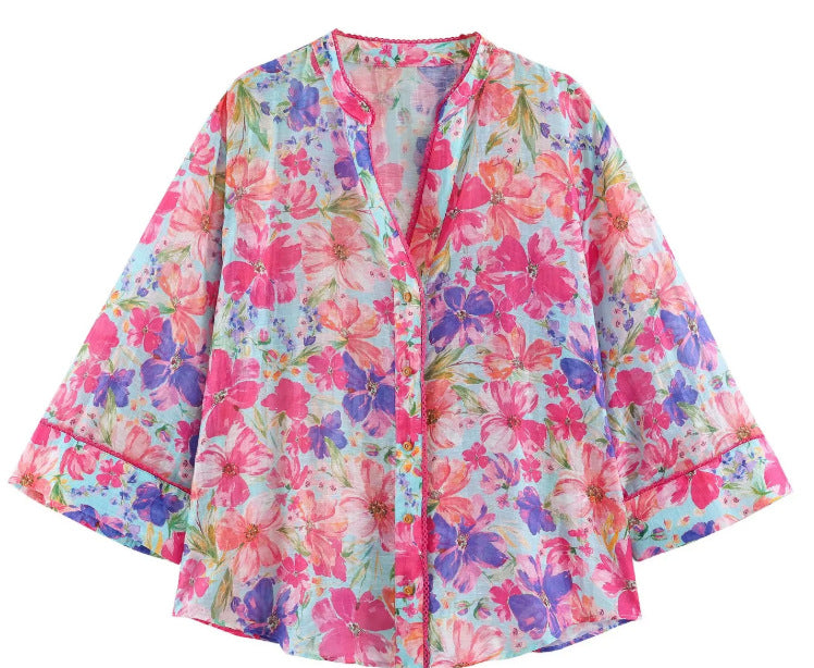 Damen Oversize‑Bluse mit leuchtendem Blumenprint, kastiger Silhouette und dreiviertelärmeln Nord Taschen