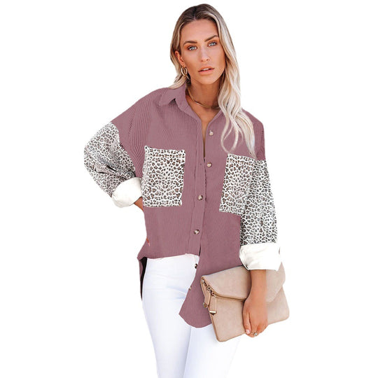 Damen Oversize-Hemdbluse mit Strukturstoff und Leo-Print Einsätzen Nord Taschen