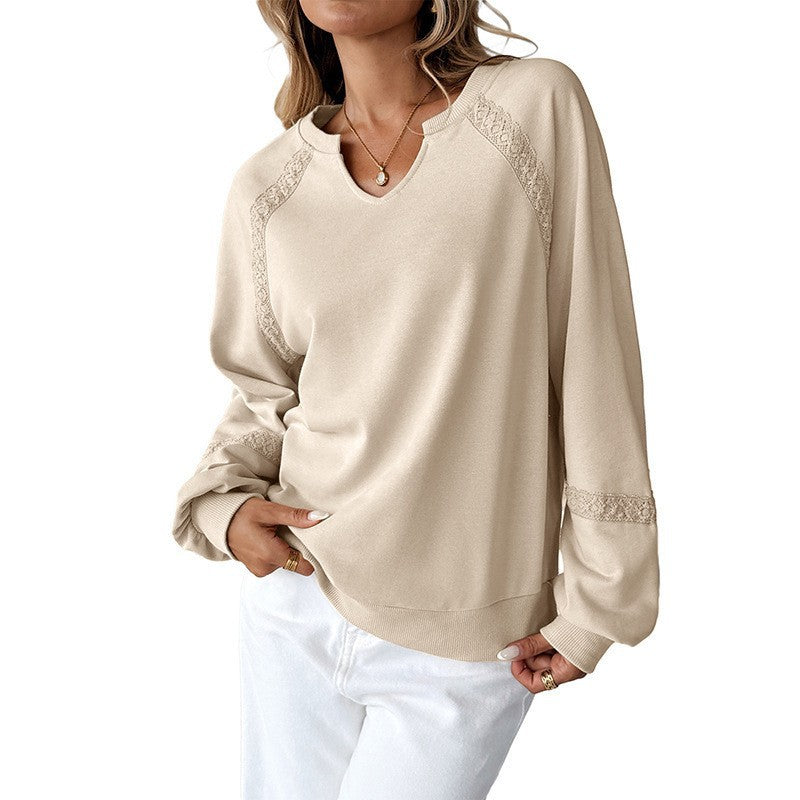 Damen Sweatshirt mit Spitzen-Einsätzen, V‑Kerbe und Ballonärmeln Nord Taschen