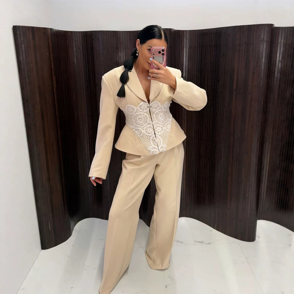 Damen Zweiteiliges Anzugset mit tailliertem Blazer, Spitzen‑Corsage und weiter Palazzohose Nord Taschen