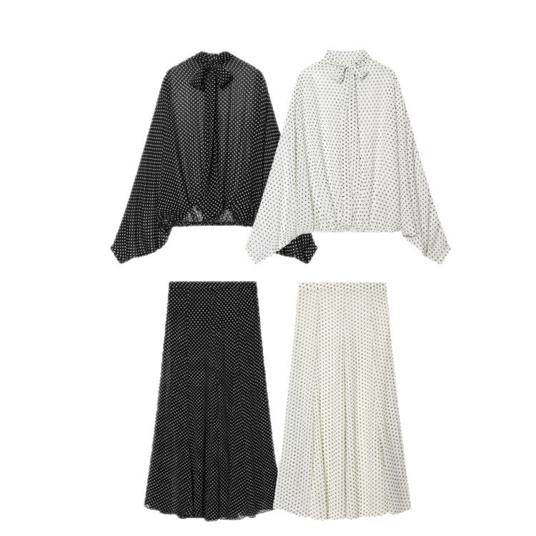 Damen Zweiteiliges Set aus leichtem Chiffon mit weitem Midirock und Ballonärmel-Bluse mit Schleifenkragen Nord Taschen