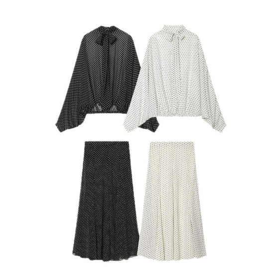 Damen Zweiteiliges Set aus leichtem Chiffon mit weitem Midirock und Ballonärmel-Bluse mit Schleifenkragen Nord Taschen