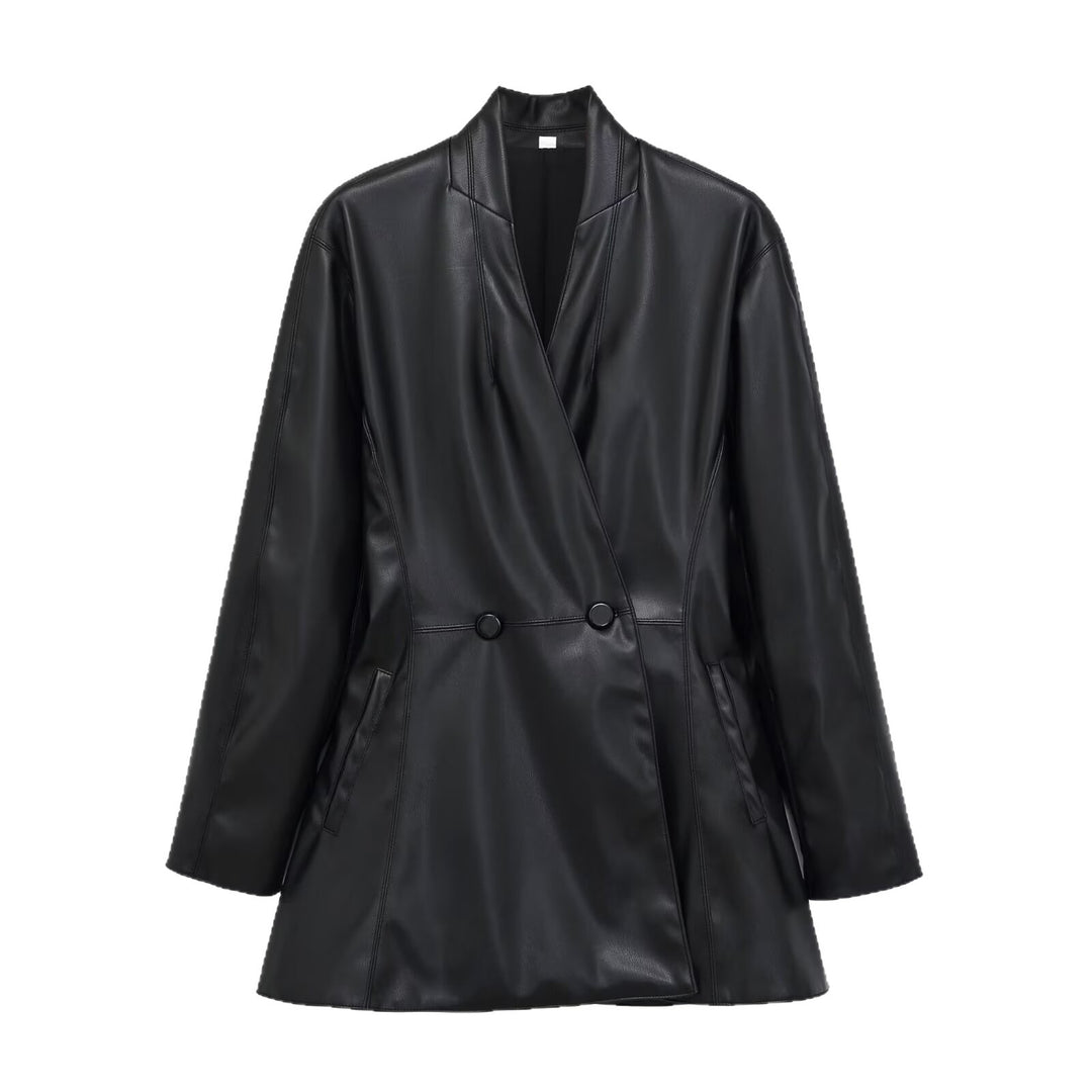 Damen Langer doppeltreihiger Blazer‑Mantel aus veganer Lederoptik mit Schalkragen Nord Taschen