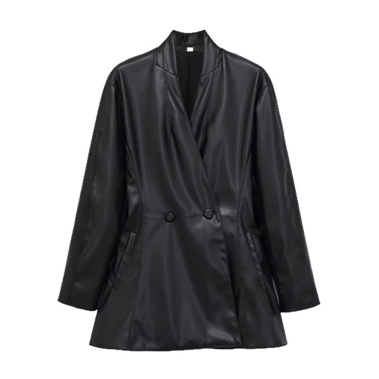 Damen Langer doppeltreihiger Blazer‑Mantel aus veganer Lederoptik mit Schalkragen Nord Taschen