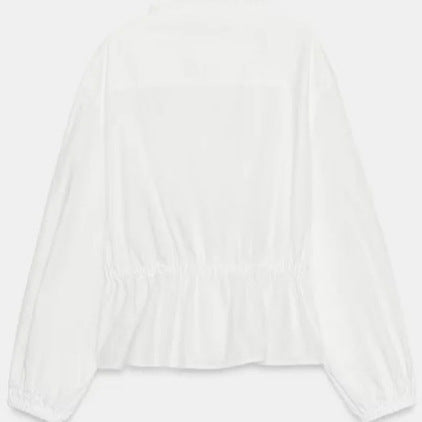 Damen Romantische Baumwoll‑Rüschenbluse mit Highneck, Kordelzugtaillierung und Volant‑Saum Nord Taschen
