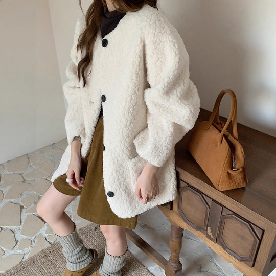 Damen Oversized Teddy‑Mantel mit Rundhals, großer Knopfleiste und aufgesetzten Taschen Nord Taschen
