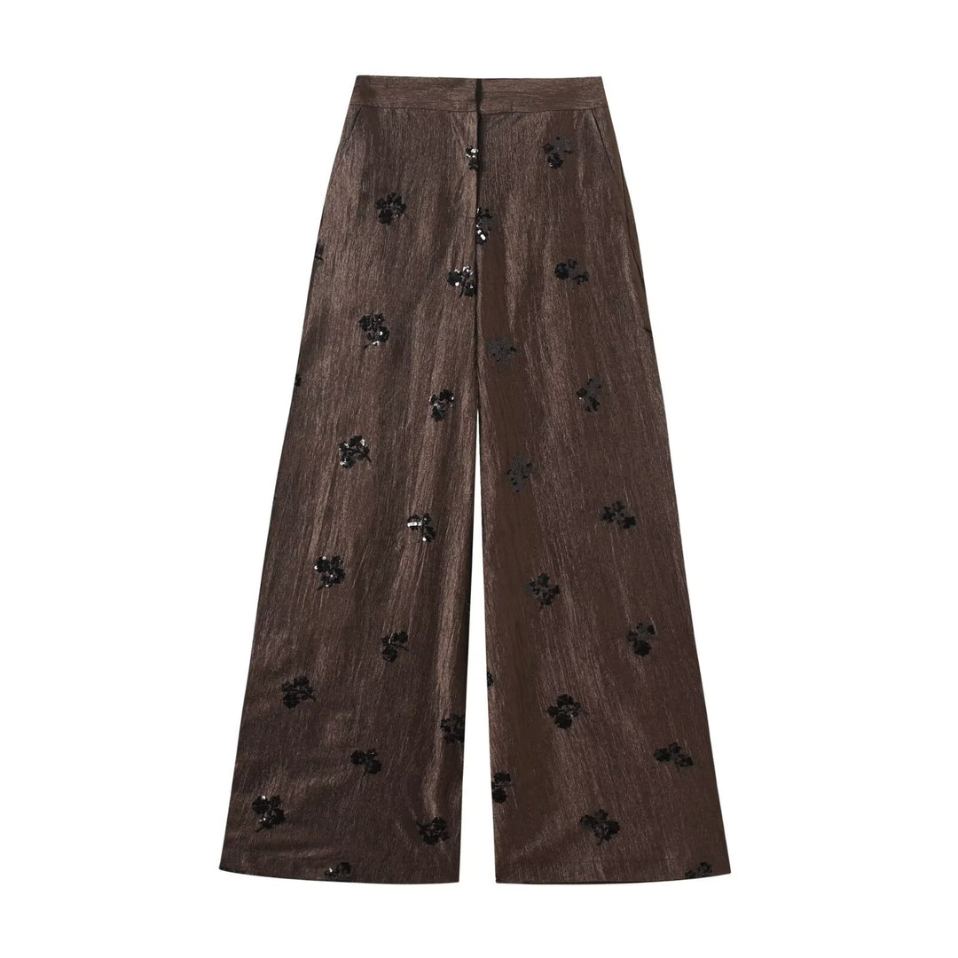 Damen Hochtaillierte Wide‑Leg‑Hose mit Glanzstruktur und Paillettenblüten Nord Taschen