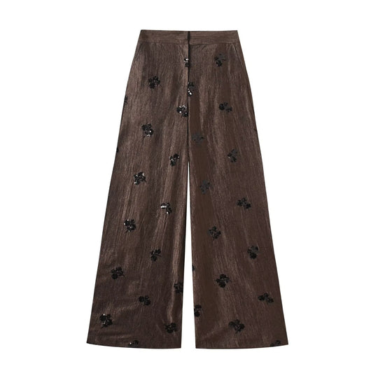 Damen Hochtaillierte Wide‑Leg‑Hose mit Glanzstruktur und Paillettenblüten Nord Taschen