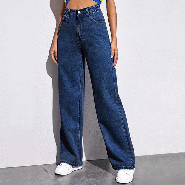 Damen hochgeschnittene weite Denim-Hose mit extra weitem Bein und taillierendem Bund Nord Taschen