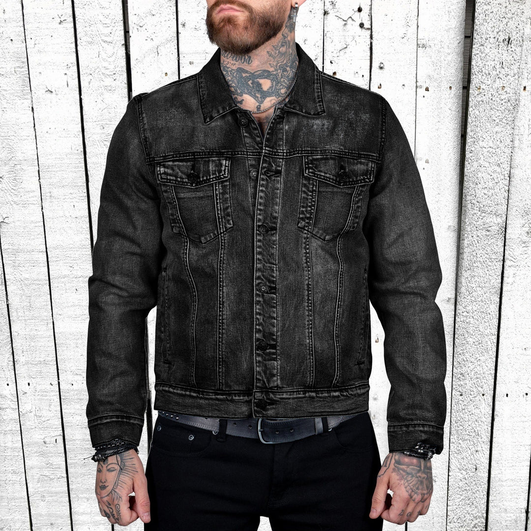Herren taillierte Trucker-Denimjacke mit Pattentaschen, Metallknopfleiste und kontrastierenden Nähten Nord Taschen