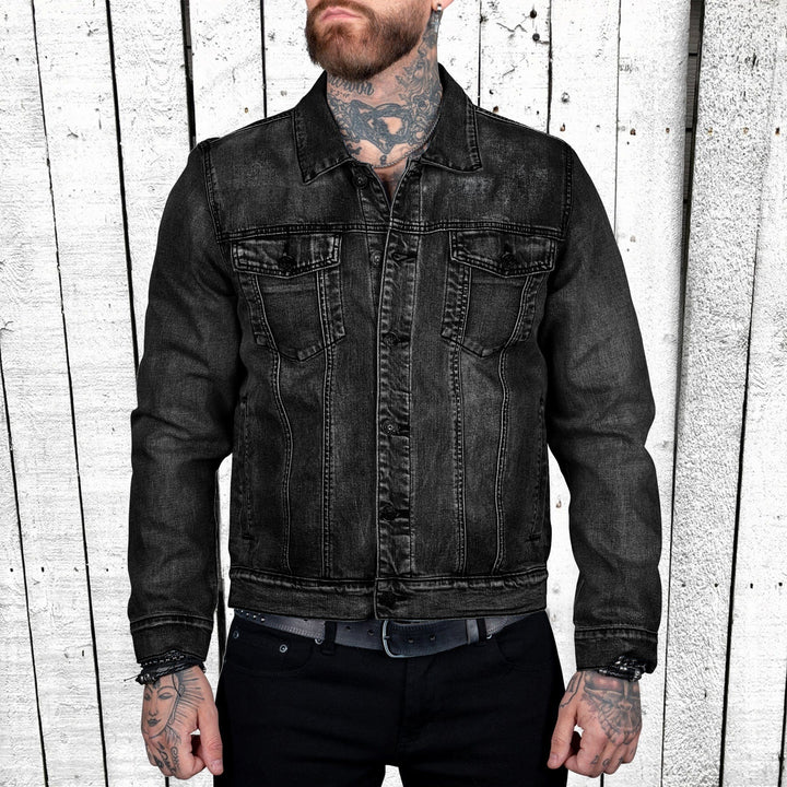 Herren taillierte Trucker-Denimjacke mit Pattentaschen, Metallknopfleiste und kontrastierenden Nähten Nord Taschen