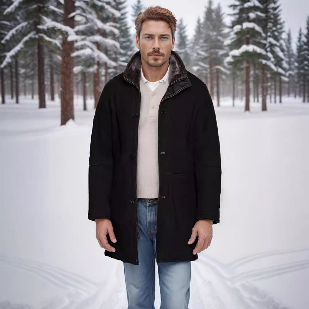 Herren Langer Thermomantel im Field-Stil mit Kunstlammfell-Innenseiten und Zweiwege-Reißverschluss Nord Taschen