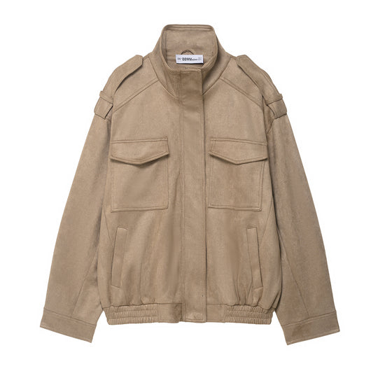 Damen Field‑Bomberjacke in Veloursleder‑Optik mit hoher Kragenpartie, Pattentaschen und Epauletten Nord Taschen