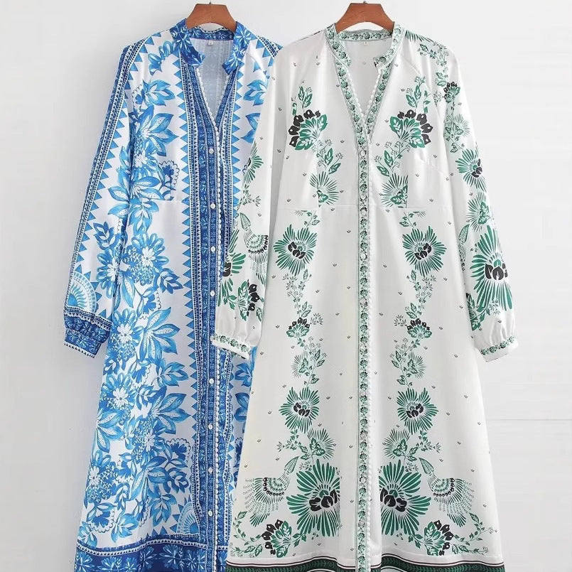 Damen Maxi-Kleid im Boho-Hemdstil mit Stehkragen und durchgehender Knopfleiste Nord Taschen