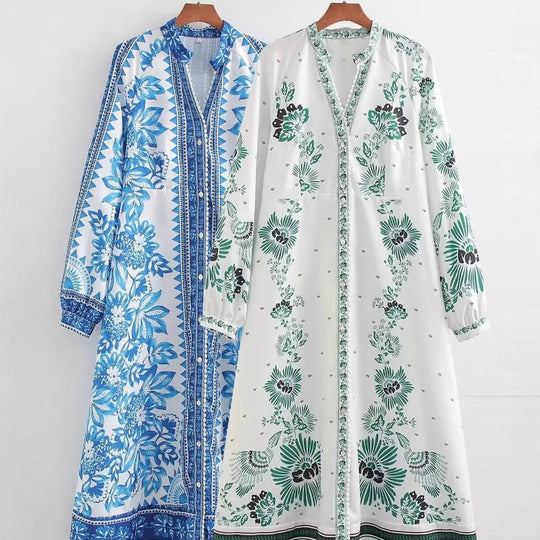 Damen Maxi-Kleid im Boho-Hemdstil mit Stehkragen und durchgehender Knopfleiste Nord Taschen