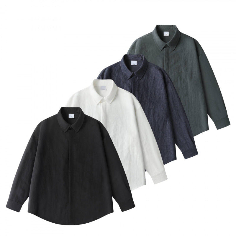 Unisex Oversize Leinenhemd mit verdeckter Knopfleiste und überschnittener Schulter Nord Taschen