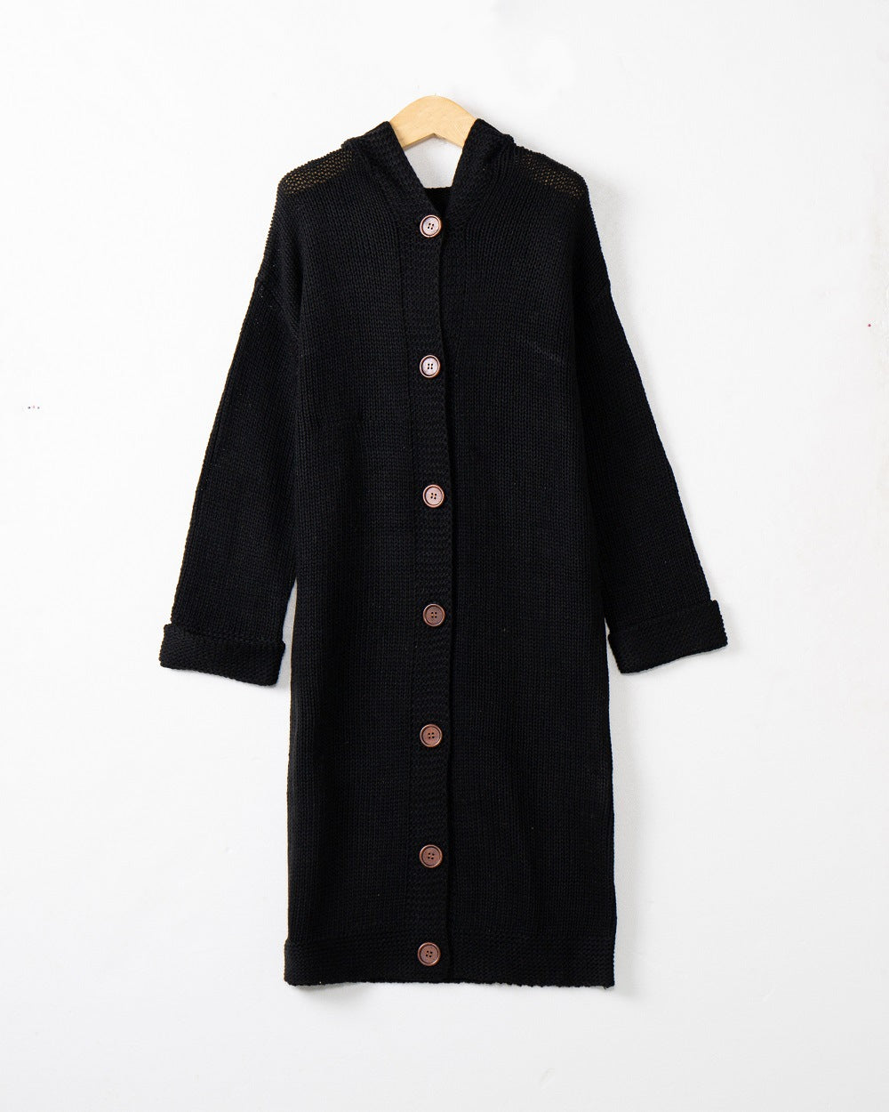 Damen Kapuzen-Longcardigan aus mitteldickem Rippstrick mit durchgehender Knopfleiste und lockerem Oversize-Schnitt Nord Taschen