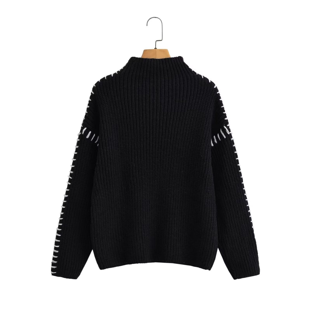 Damen Oversize-Strickpullover mit Stehkragen, Ballonärmeln und Ziernaht Nord Taschen