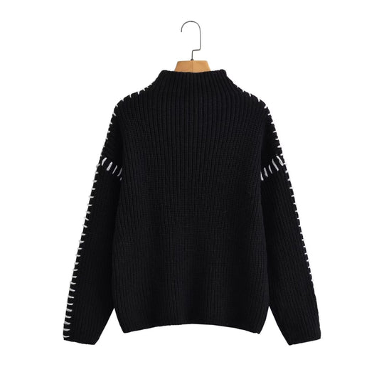 Damen Oversize-Strickpullover mit Stehkragen, Ballonärmeln und Ziernaht Nord Taschen