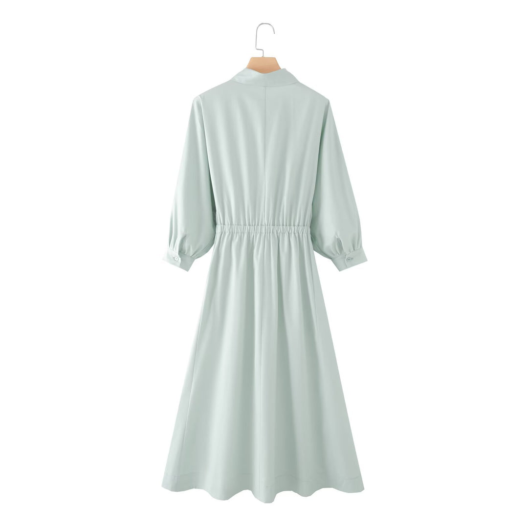 Damen Hemdblusenkleid mit ausgestellt-gebogtem Rock, 3/4-Ärmeln und Taillengürtel Nord Taschen