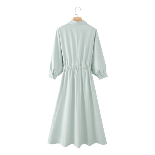Damen Hemdblusenkleid mit ausgestellt-gebogtem Rock, 3/4-Ärmeln und Taillengürtel Nord Taschen