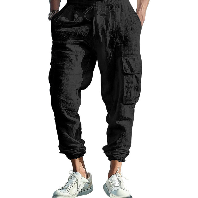 Herren nan lässige Leinen-Cargo-Jogger mit Kordelbund, großen Klapptaschen und elastischem Knöchelabschluss