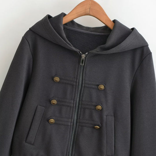 Damen Cropped Kapuzenblouson im Military‑Look mit Zierknopfleiste und geripptem Saum Nord Taschen