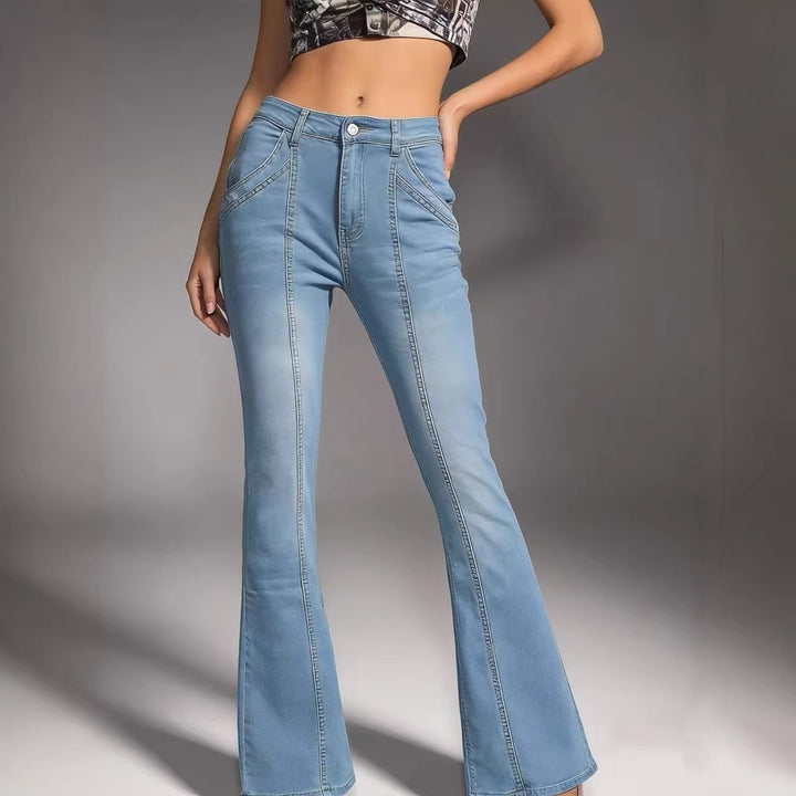 Damen hochgeschnittene taillierte Flared-Jeans mit mittiger Nahtführung und figurformender Hüftpartie Nord Taschen