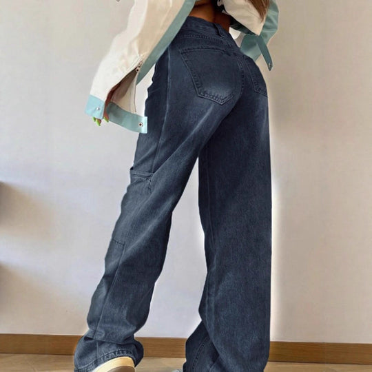 Damen High-Waist weite Cargo-Denimhose mit Nahtpaneelen und Baggy-Silhouette Nord Taschen